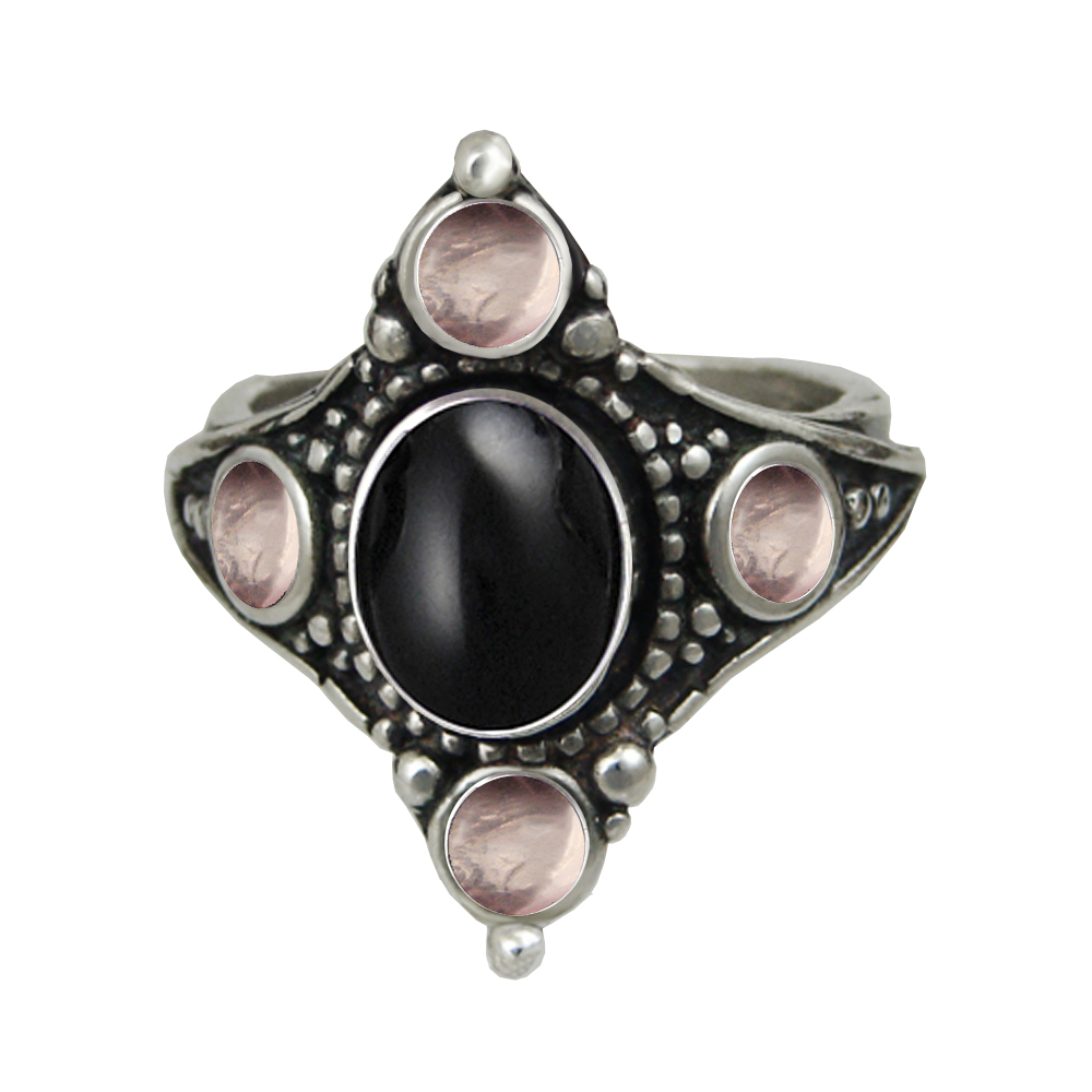 Sterling Silver Renaissance Queen's Ring With Black Onyx And Rose Quartz Size 10